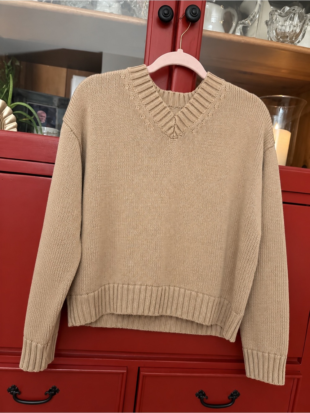 GAP Women's V-Neck Sweater in Camel. 100% cotton